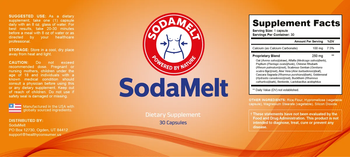 SodaMelt full product label including suggested use, caution and Supplement Facts